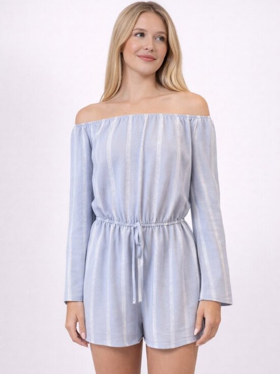Rue21 Pants - Rue 21 Light Blue Off Shoulder Romper | Long Sleeve Elastic Waist | Size S